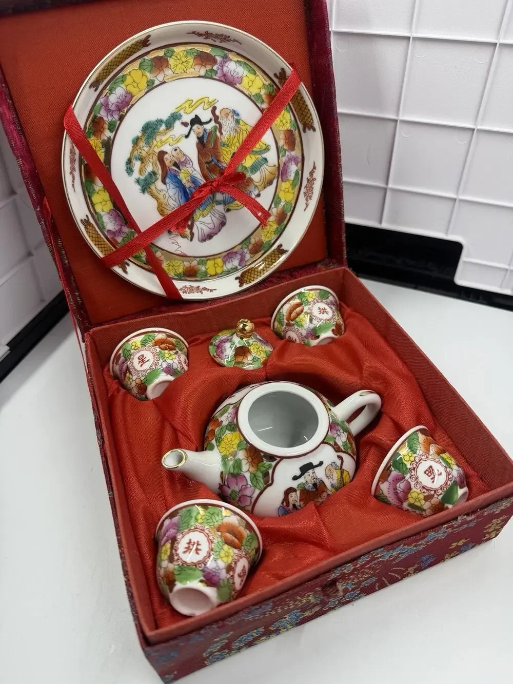 Vintage Miniature China Tea Set With Colorful Kimonos & Flowers In Red Silk Box